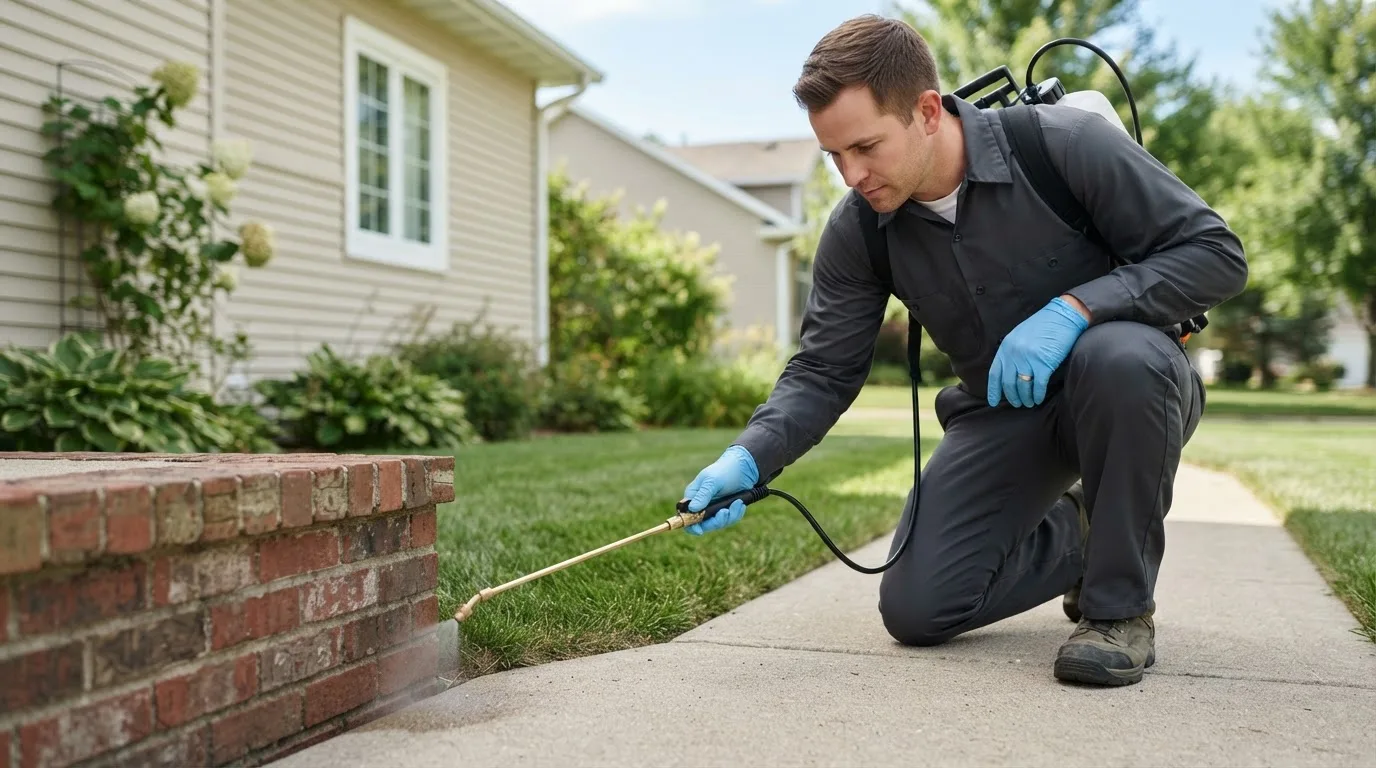 Pest control technician treating a home near Ferney, SD